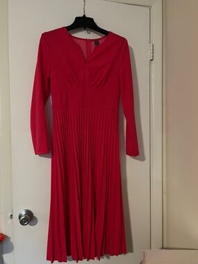 SHEIN Hot Pink Long-Sleeve Pleated Midi Dress